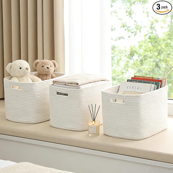 3 Pack Woven Baskets,Storage Baskets for Shelves with Handles | 13.5"×11"×9.5",Closet Baskets,Gift Basket,Nursery Organizer for Toys Towels Books,Storage Bin for Living Room Bedroom-White by HZFTJOY
