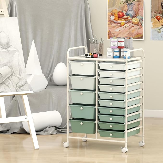 Giantex 15 Drawers Rolling Cart, Classroom Organizers, Storage Cart with Wheels, for Teacher Office Home School Supplies Tool Craft Art Paper, Green Gradient - Image 2