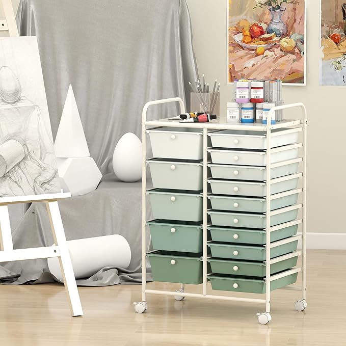 15 Drawer Rolling Storage Cart, Rolling Cart with Drawers for Classroom, Art Supply Craft Organizer on Wheel with Metal Frame & Handles for Home Office School (Gradient Green, 15 Drawer) - Image 8