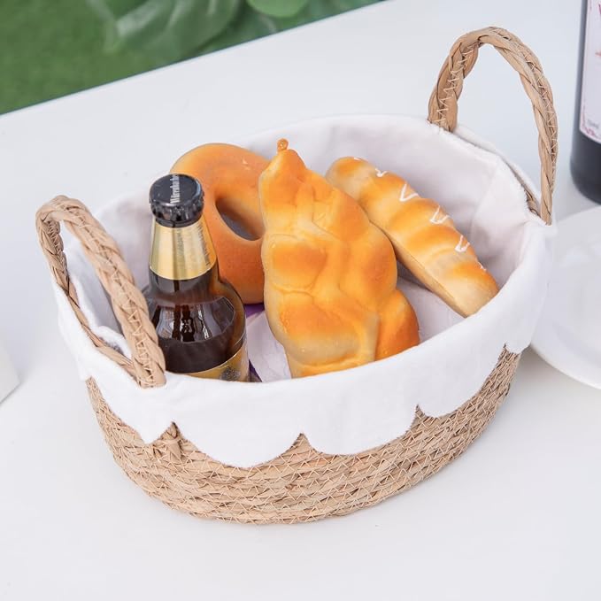 Handmade Seagrass Wicker Storage Basket with Handles & Removable Liner,Eco-Friendly Oval Woven Shelf Basket Organizer for Home Decor,Set of 3 - Image 3