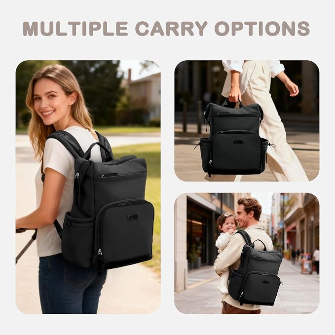 VONAL Neoprene Diaper Bag Backpack with Changing Pad, 33L Large Capacity Neoprene Backpack Baby Diaper Bag with Insulated Pockets, Travel Diaper Backpack Baby with 12 Pockets for Mom & Dad, Black - Image 2
