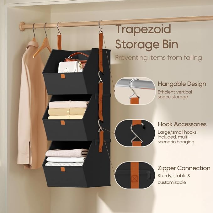 Collapsible Hanging Closet Organizer - 6 Tier Closet Shelves Storage System with Hooks, Fabric Hanging Storage Bins for Clothes, Foldable Storage Basket for Laundry, Bedroom, Rv, Black - Image 3