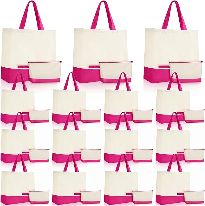 Sanwuta 30 Pcs Canvas Tote Bags Bulk with Zipper Cosmetic Pouch,Rose Red | 18.5" Reusable Cotton Shopping Bag with Handle for DIY Craft by Sanwuta