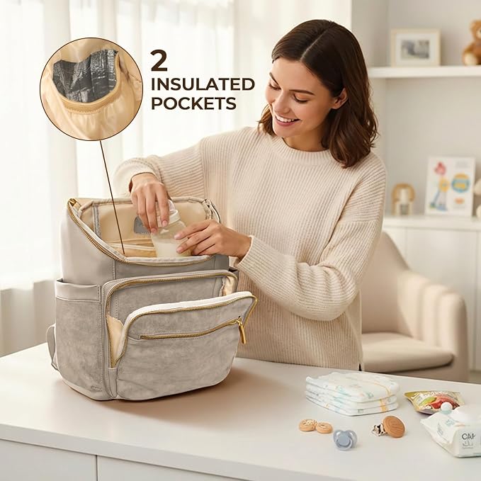 miss fong Leather Diaper Bag Backpack Suede Baby Backpack with Changing Pad | 14Pockets Convertible Mommy Diaper Backpack for Mom Waterproof Wet Pocket,Insulated Pockets,Stroller Straps Luggage Sleeve - Image 4