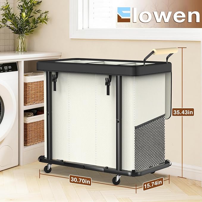 Rolling Laundry Hamper with Wheels,Laundry Hamper 3 Section with Lid Beige | Laundry Basket with Rolling Lockable Wheels and Handle, Laundry Basket Organizer for Laundry Room, Bedroom 60Gal - Image 6