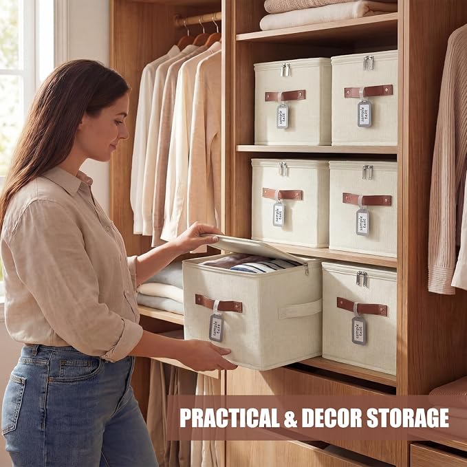 6 Pack Fabric Closet Storage Bins with Zipper Lids and Label, 10×8×7In Large Size Foldable Cotton Linen Storage Cubes Boxes with PU Leather Handles Holders for Bedroom, Shelf, Nursery, Beige - Image 6