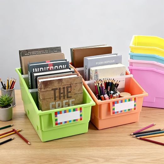 gisgfim 6 Pack Picture Book Bin with Dividers Classroom Library Book Bin Small Plastic Books Holders with Labels for Classroom Library Magazines Storage Organizer 13.5 x 8.75 x 7.75 in(Candy) - Image 4