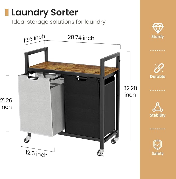 SwaaVee Laundry Sorter, Laundry Hamper with Wooden Top Shelf, 2×14.5Gal(110L), Metal Frame laundry basket with wheels, Pull out and Removable Laundry Bags, 2 Bags-Black Grey - Image 2