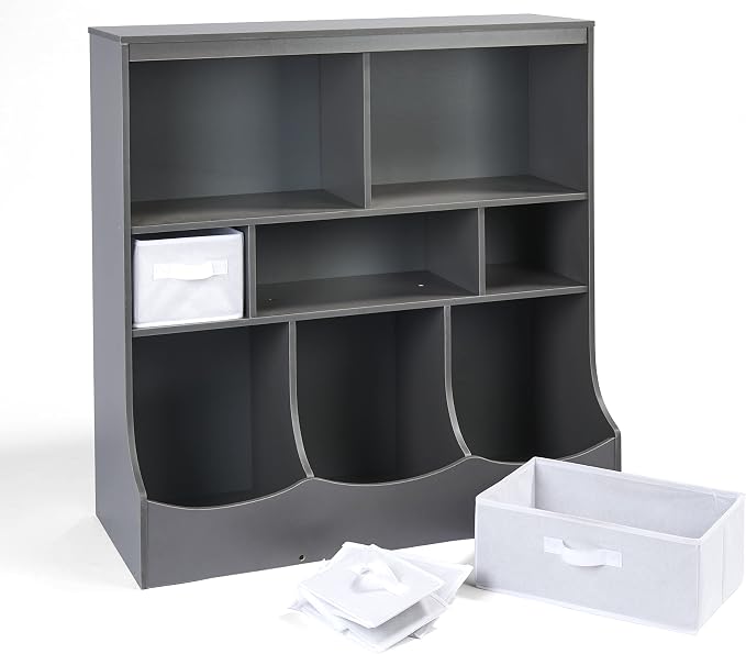 Badger Basket Combo Bin Toy Storage Unit and Book Shelf for Kids with 3 Baskets - Charcoal | Kids storage organizer with 3 removable baskets, open shelves, and top display surface for toys and books - Image 8