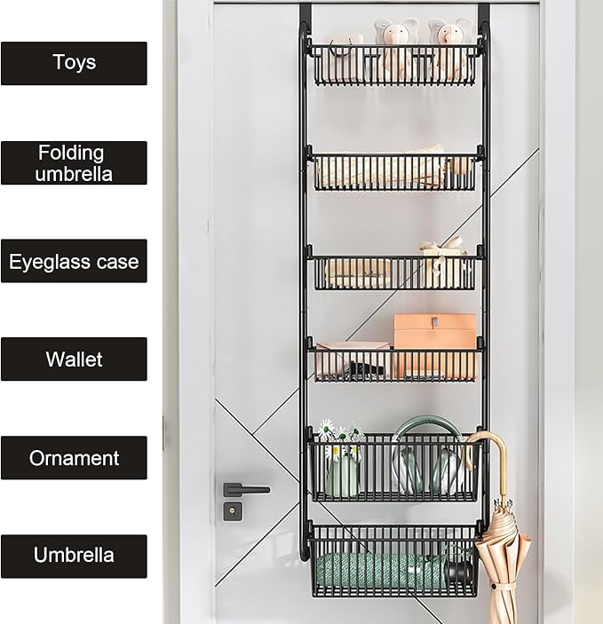 Over the Door Organizer, Metal Behind Door Hanging Storage, Toys Umbrellas Bags Organizer Rack, Large Capacity Organizer for Bedroom Bathroom Kitchen Pantry Closet Cabinet (Black,Six-Tier) - Image 3