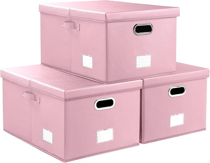 Collapsible Storage Box with Lid [3-Pack] Leather Fabric Foldable Storage Bin Organizer Container Basket Cube with Cover for Home Bedroom Closet Office Nursery Pink(22.8X15.7X11.8) by Prandom