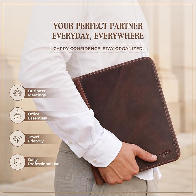 Leather Portfolio Binder, Professional Organizer Padfolio – Resume Folder, Business Card & Document Holder, Portfolios for Men & Women, Office & Business Supplies | (Medium - Brown) - Image 5