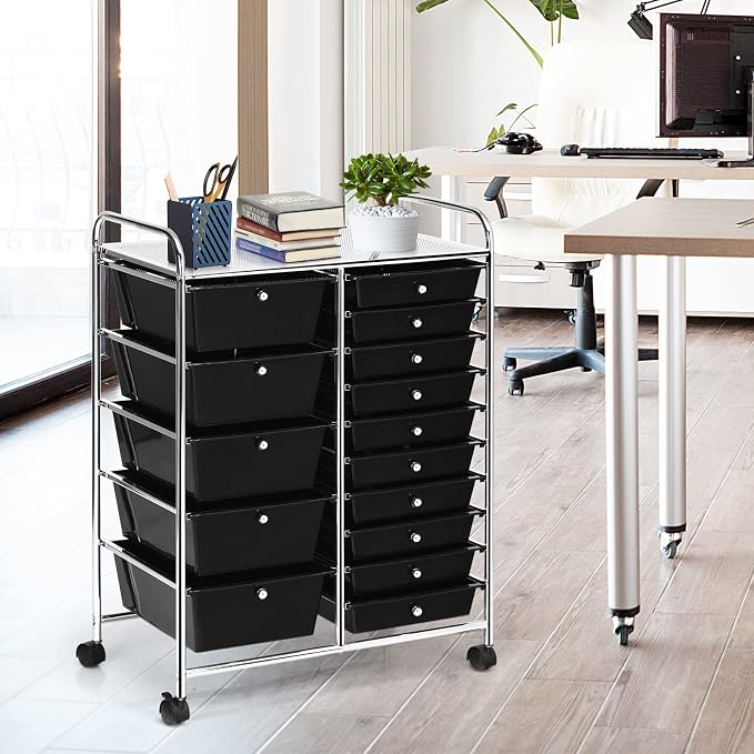 DREAMADE Rolling Cart with 15 Drawers, Clear Plastic Drawer Organizer w/Lockable Wheels, Removable & 2-Sized Storage Drawers, Art Cart for School Home Art Supplies Crafts File Scrapbook (Black) - Image 7