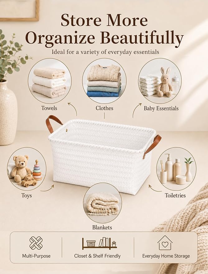 Wicker Storage Baskets, 4 Pack Woven Baskets for Shelves, White | PP Rattan, Water-resistant Wicker Basket, Large Baskets with Faux Leather Handles for Blanket, Laundry Organizer, Room Decor - Image 4