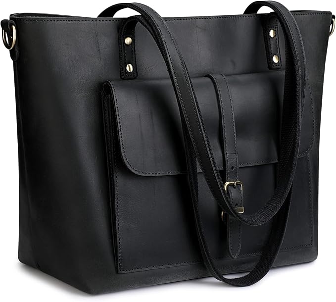 S-ZONE Women Vintage Genuine Leather Tote Bag Large Shoulder Purse Work | 14" Padded Laptop Compartment, Detachable Long Strap, Luggage Strap, Multi Pockets, Travel Everyday by S-ZONE