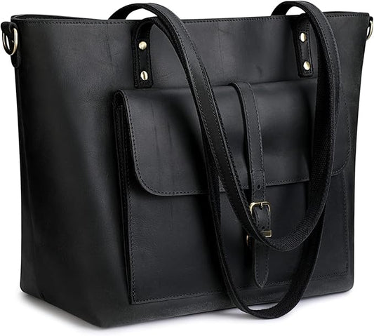 S-ZONE Women Vintage Genuine Leather Tote Bag Large Shoulder Purse Work | 14" Padded Laptop Compartment, Detachable Long Strap, Luggage Strap, Multi Pockets, Travel Everyday by S-ZONE
