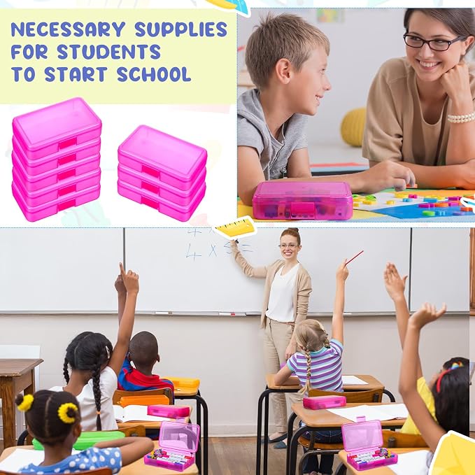 Zhehao 40 Pack Plastic Pencil Box Bulk, Hard Case for Kids,Pink | Clear Lid Cases for School Supplies, 3 Compartment Organizer, Hard Plastic Utility Holder with Pens Brushes, Classroom Use - Image 6