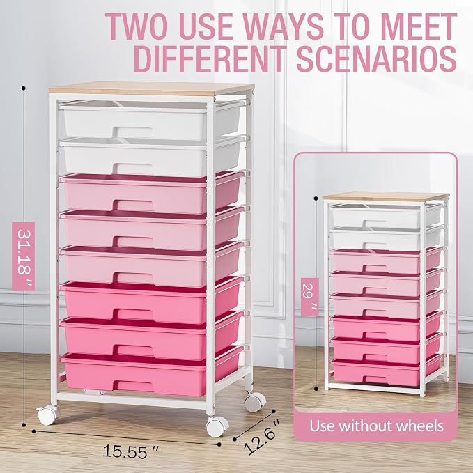 TOOLF Rolling Storage Cart with 8 Drawers,Rose Pink | Utility Cart on Wheels with Wooden Tabletop,Teacher Organization for Classroom, Art Cart for Office,Bedroom,Craft Room - Image 3