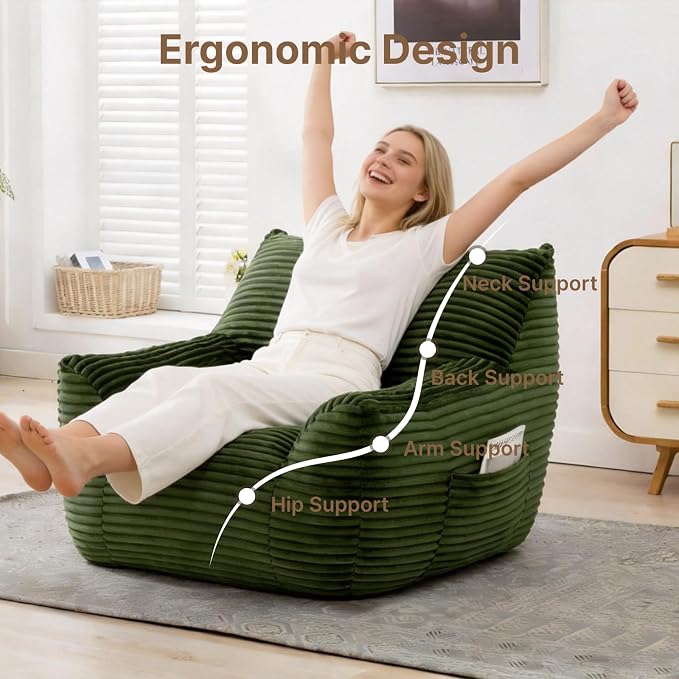 Bean Bag Chair for Adults & Kids, Giant Bean Bag Sofa with Side Pocket, Corduroy Beanbag Chair with Armrests, Comfy Stuffed Floor Sofa for Living Room Bedroom Dorm, Green - Image 5