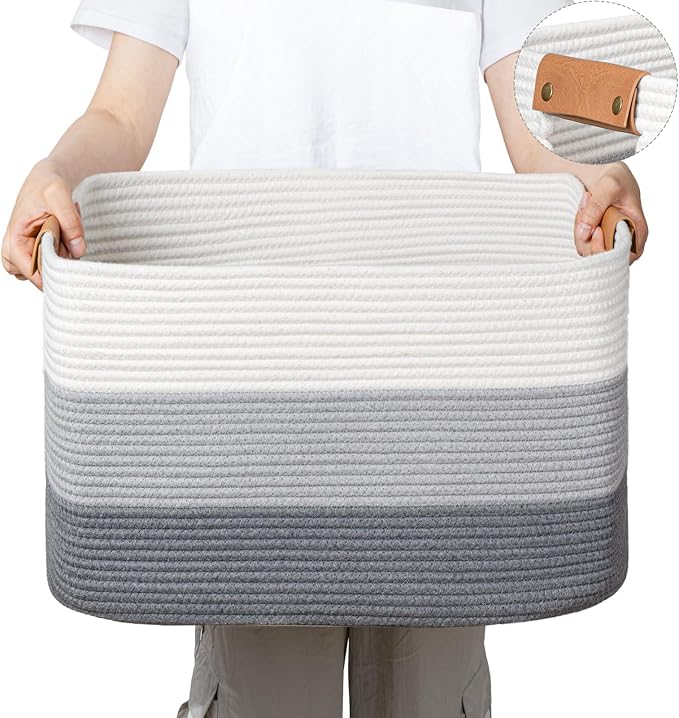 Rectangle Blanket Storage Basket, 50L Large Decorative Basket Living Room, Storage Bin with Handle, Woven Rope Hamper for Toy Organizing & Laundry, 18.11’’*14.17’’*11.81’’ Gradient Grey by danpinera
