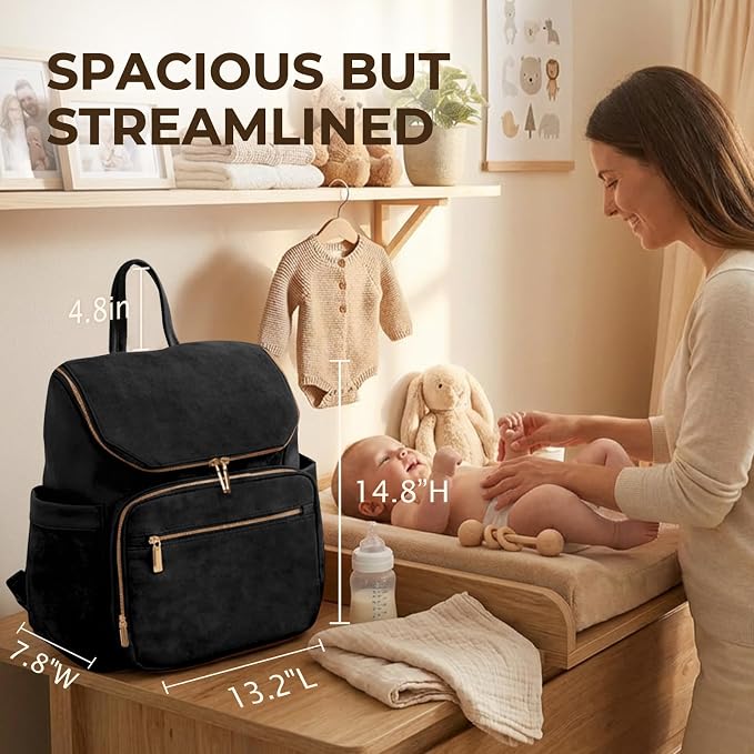 miss fong Leather Diaper Bag Backpack Suede Baby Backpack with Changing Pad | 14Pockets Convertible Mommy Diaper Backpack for Mom Waterproof Wet Pocket,Insulated Pockets,Stroller Straps Luggage Sleeve - Image 2