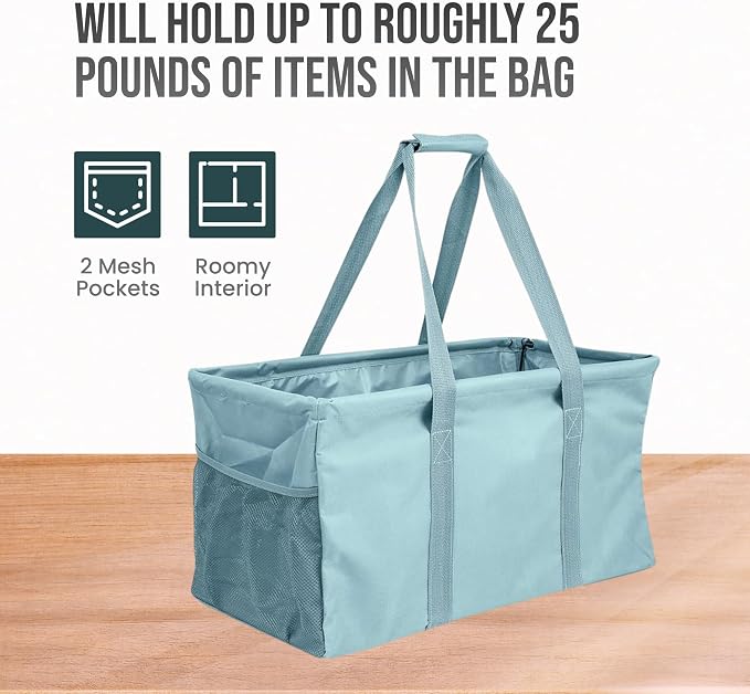 Extra Large Utility Tote Bag - Oversized Collapsible Reusable Wire Frame Rectangular Canvas Basket With Two Exterior Pockets For Beach, Pool, Laundry, Car Trunk, Storage - Light Blue - Image 5