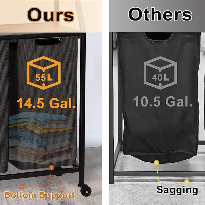 Laundry Hamper, Laundry Sorter 2 Section, Rolling Laundry Basket with Wheels, 2 Shelves, 2 × 14.5 Gal, Pull-Out and Removable Oxford Fabric Bags, for Laundry Room, Black and Rustic Brown - Image 3