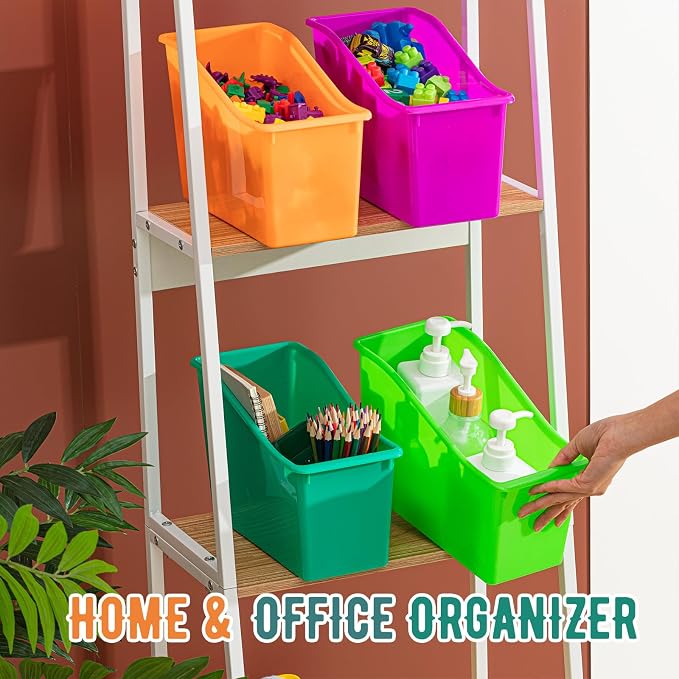 Geetery 12 Pcs Book Bin for Classroom with Labels Stackable Plastic Organizing Bins 11.5 x 5.4 x 7.5 in Book Holders Storage Bins Box Baskets for Classroom Library Home (Bright Color) - Image 5