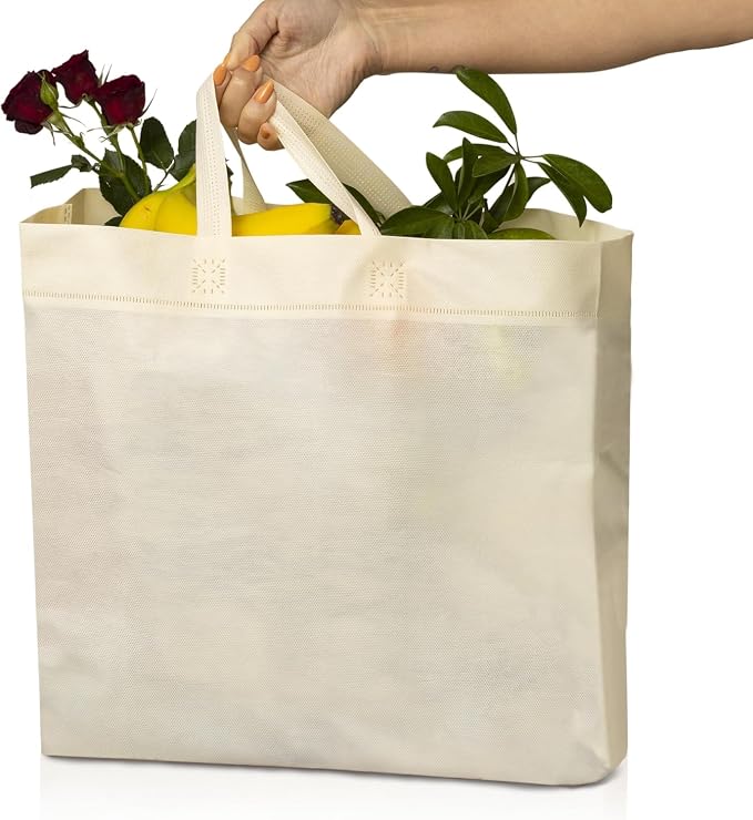 Simply Cool 400 Pack Reusable Grocery Bags, Medium Tote Bags Bulk, Cream | 12.6"x6.3"x11.8" Heavy Duty Non-woven Custom Shopping Bags with Handles, Foldable, Washable for Retail and Commercial use - Image 2