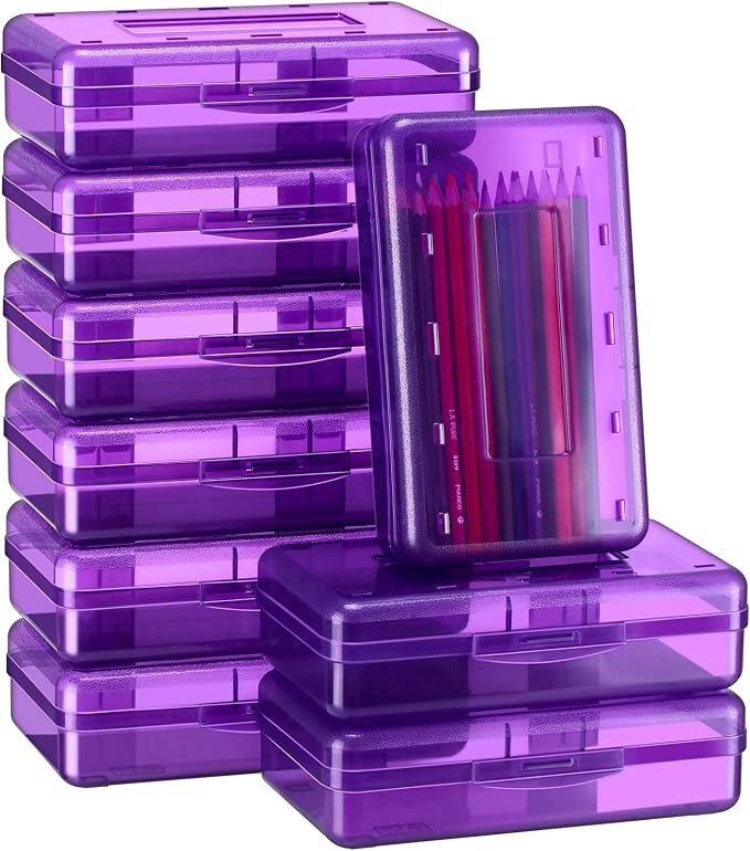 Fainne 24 Pack Clear Plastic Pencil Box,Purple | Stackable Organizer for School Supplies, Large Case for Crayons Markers, Snap-lid Keeps Stationery Secure, Bulk Set by Fainne