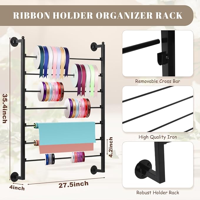 Yonynise Ribbon Storage Organizer,Wall Mounted Ribbon Holder Rack,7 Tier Large Capacity Metal Ribbon Storage for Craft Room,Flower Shop,Cake Shop,Gift Wrapping Paper,Black - Image 2