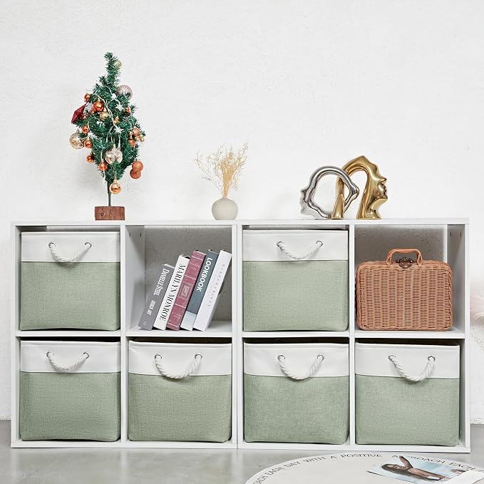 13 Inch 6 Pack Foldable Fabric Storage Cubes with Handles | Home Cube Storage Basket,Large Cube Storage Bins,Closet Storage, Home Organizer(White&Green) - Image 2