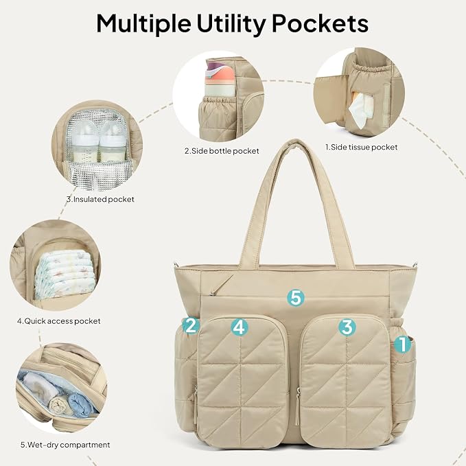 TOPEAST Diaper Bag Tote, Quilted Puffer Baby Bag with Insulated Pockets, Lightweight Hospital Bag for Mom & Dad, Travel, Work - Image 6