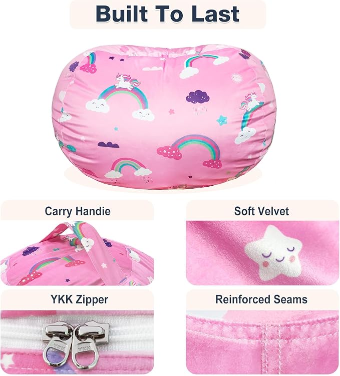 Lukeight Unicorns Stuffed Animal Storage Bean Bag Chair Cover for Teens, Velvet Plush Toy Organizer Seat, Cover Only, No Filling Included, Long YKK Zipper, Side Pocket, XX-Large 36"D x 20"H - Image 6