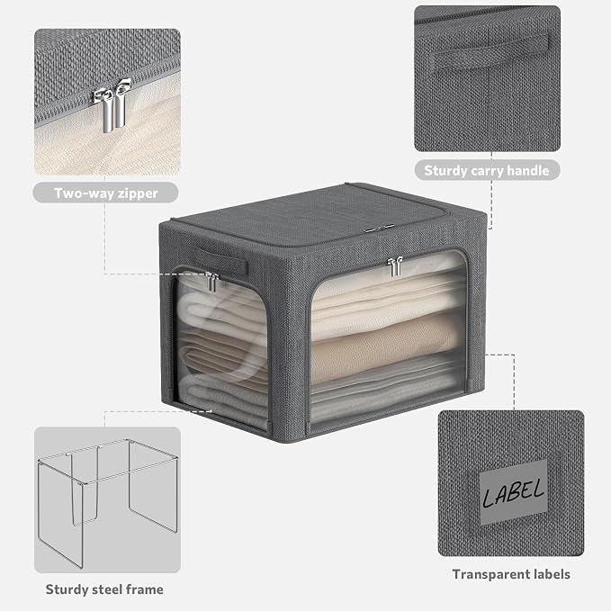 CYhom 3 Openings Clothes Storage Bins Box - 3Pack Stackable Foldable Storage Bin - Metal Frame Storage Box Clothing Storage Organizer with Clear Window, Carry Handles (66L-19.7x15.7x13in, Drak Grey) - Image 6