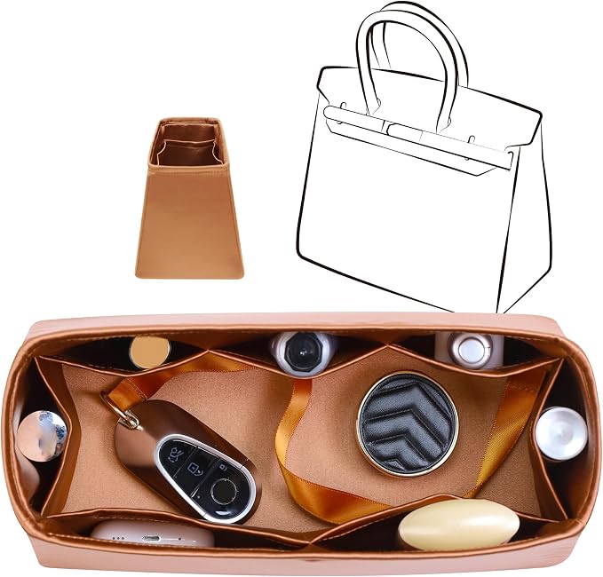 Fits for Brikin Bag Insert Organizer For Hermes(30 S,Gold) | Premium Silk Material,Smooth Touch,Lightweight,zipper,protect from scratches & stains,multiple pockets,keychain,waterproof by JLYZMoon