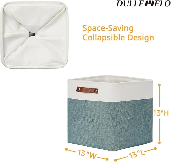DULLEMELO Storage Bins, 4 Pack Of 13x13x13 Decorative Storage Cube Bins Suit Office, Home, Shelves And Closet, Stackale Gift Baskets Empty with Leather handle (White&Deep Green) - Image 2