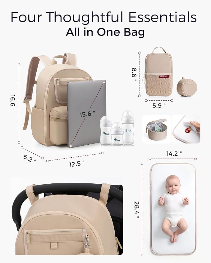 Momcozy Diaper Bag Backpack for Travel & Work - Waterproof and Multi-Pocket | Baby Bag with changing pad,mom bag with Insulated Pouch, Stroller Straps & Laptop Compartment,Khaki - Image 3