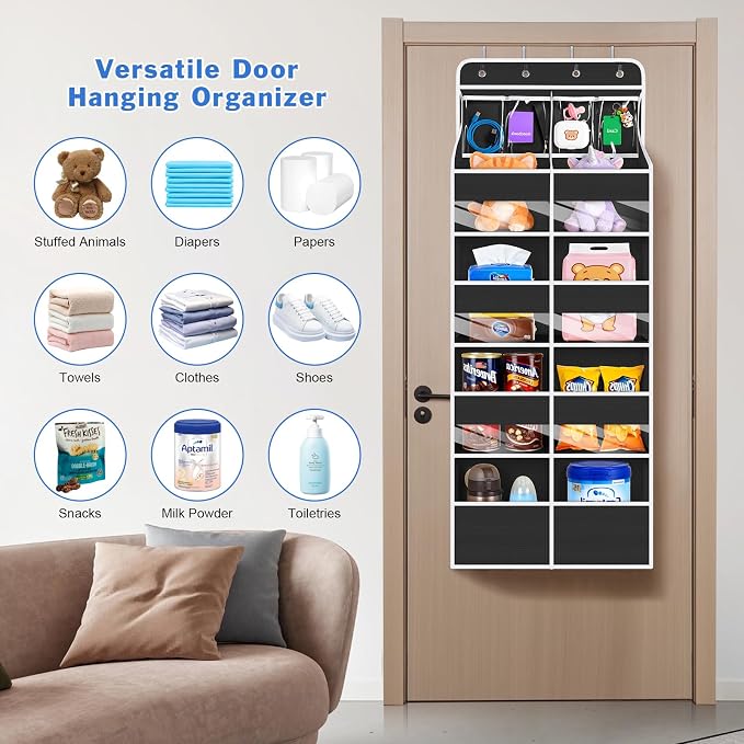 Univivi Upgraded Over the Door Organizer for Baby Nursery, Black, 5-Shelf | Fabric Door Organizer with Clear Window Deep Pockets, Over Door Hanging Organizer for Baby Essential, Bedroom, and Dorm - Image 9