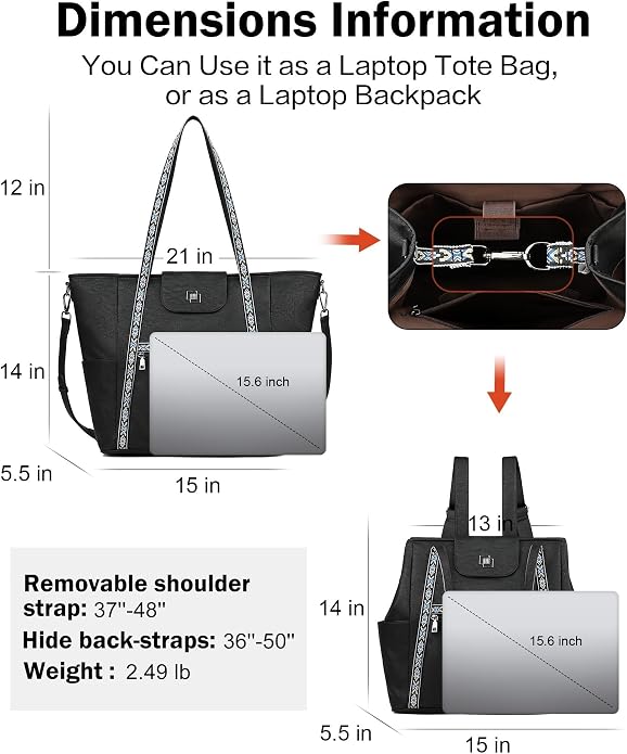 Large Laptop Tote Bag for Women Designer Leather Laptop Bag, 15.6in | Fashion Travel Backpack Purse Shoulder Handbag Fits 15.6 Laptop, Daily, Work, Business Trip, Weekend Travel, Teacher - Image 4