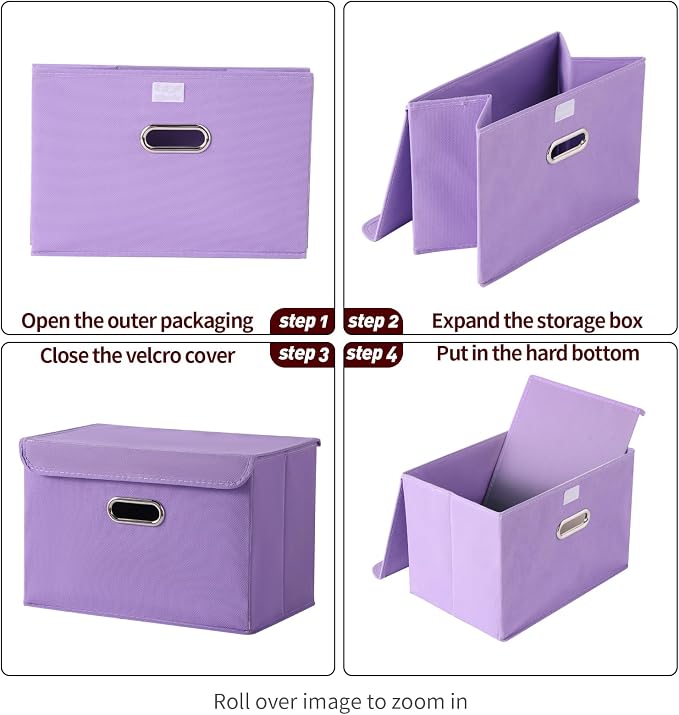 STOREONE Fabric Storage Cube Bins Foldable Organizer Container Collapsible Basket with Lids and Metal Handles, for Home, Bedroom, Closet 6 Pcs (multicolour-purple) - Image 6