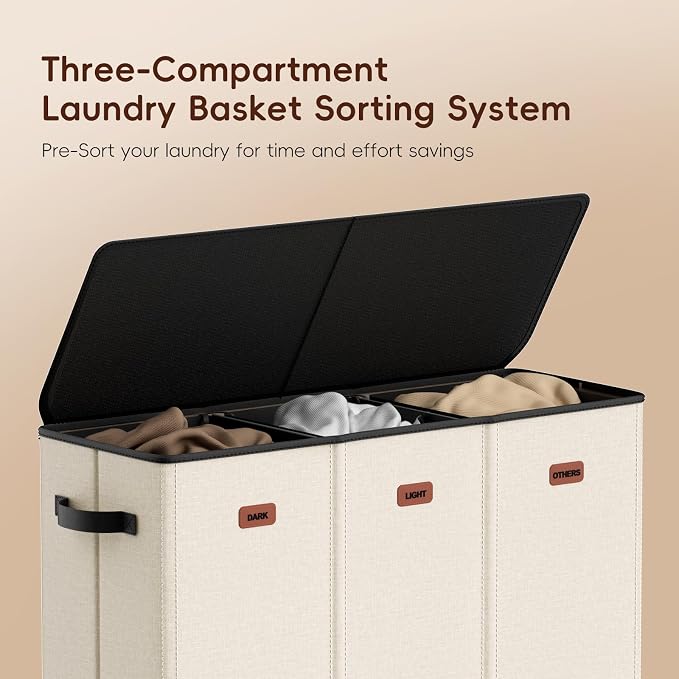 185L Laundry Hamper 3 Section, Laundry Hamper with Lid, Dirty Clothes Hamper with 3 Removable Washing Bags, Extra Large Laundry Basket Organizer for Bedroom, Laundry Room, Dorm - Beige - Image 4