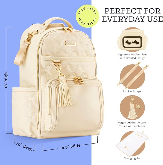 Itzy Ritzy Boss Plus Diaper Bag Backpack with 19 Pockets (Milk & Honey) | Large Diaper Bag Backpack Includes 2 Insulated Bottle Pockets, Changing Pad, Stroller Clips, Padded Straps, Travel-Ready - Image 3