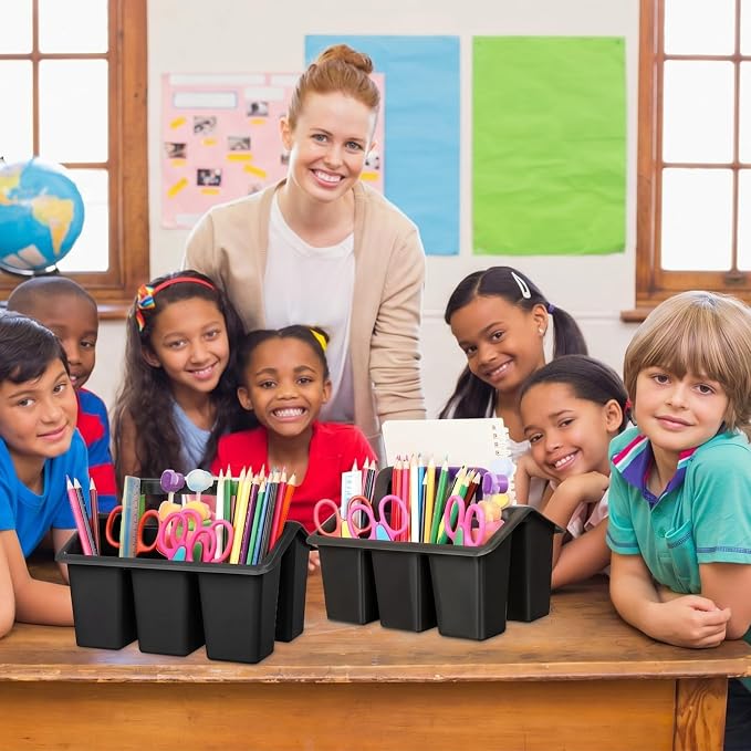 WILLBOND 18 Pcs Classroom Storage Caddies Stackable Utility Caddies with 4 Compartment Plastic Caddy with Handle Portable Classroom Storage Bins Organizers for Kindergarten School Supplies (Black) - Image 4