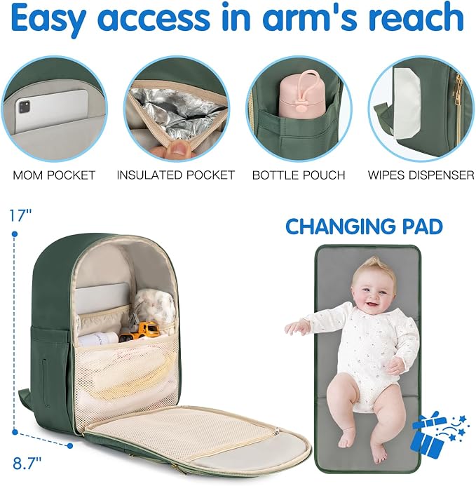 Baby Diaper Bag Backpack, Waterproof Diaper Backpack for Mom & Dad with Changing Pad, Insulated Pockets and Stroller Straps, Baby Shower Gifts for Girls & Boys, Sage - Image 5