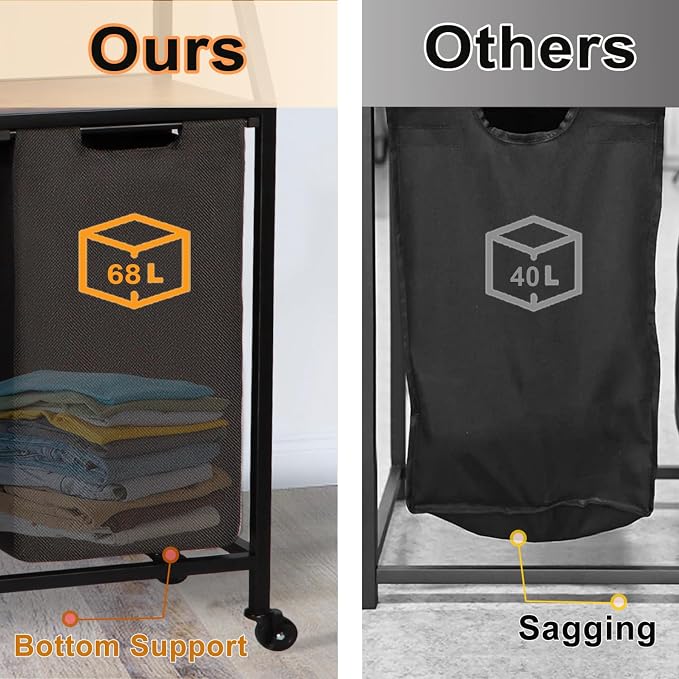 Laundry Hamper, Laundry Sorter, Rolling Laundry Basket with Wheels, 2 Shelves, 18 Gal(68L), Pull-Out and Removable Oxford Fabric Bags, for Laundry Room, Black and Rustic Brown - Image 3