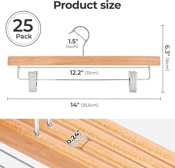 HOUSE DAY Wooden Pants Hangers with Clips, 25 Pack Skirt Hangers, Natural | 14-Inch Wood Hangers with Adjustable Non-Slip Metal Clips & 360° Swivel Hooks, Heavy Duty for Jeans, Slacks, Trousers, Shorts - Image 7