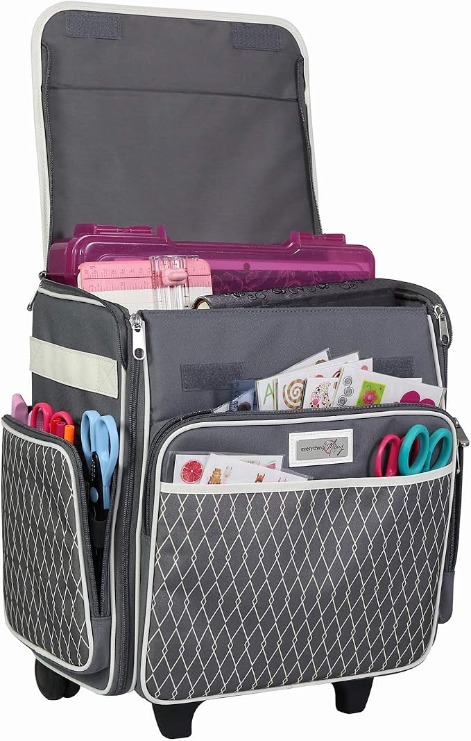 Everything Mary Rolling Scrapbook Storage Tote – Grey/White Diamond Craft Case for Paper, Binders, Beads, Scissors & Supplies – Telescoping Handle with Dual Wheels by EverythingMary