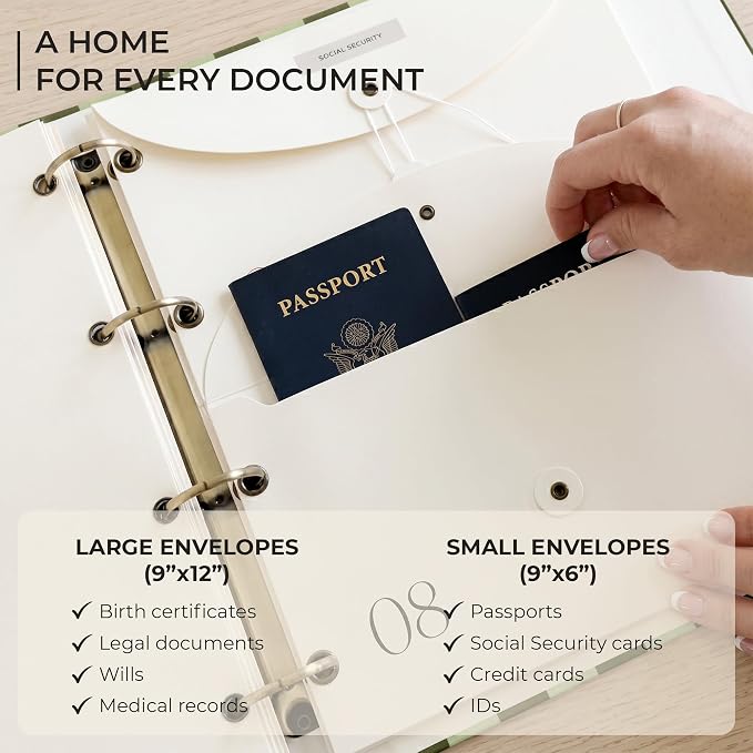 Document Organizer Binder for Important Papers & Passports, Olive - Image 5