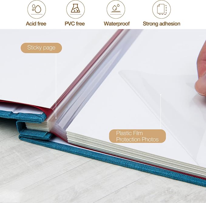 potricher Large Self Adhesive Photo Album 40 Pages, Linen cover, Blue | Photo Album Self Adhesive 4x6 5x7 8x10 Pictures, Linen Cover DIY Scrapbook Albums for Family, Wedding, Baby, Anniversary - Image 4